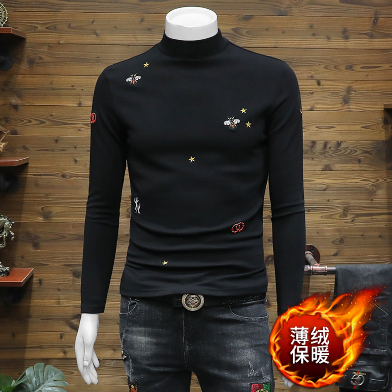 欧洲站冬季新款男士加绒加厚青年半高领修身体恤打底衫保暖上衣潮