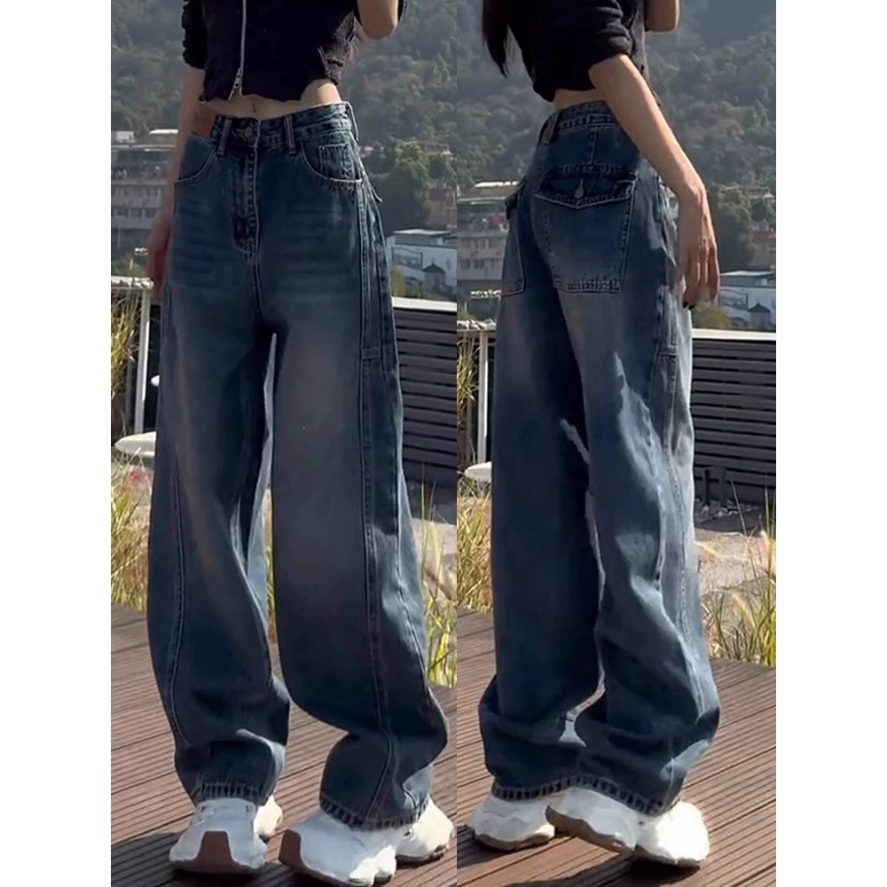 复古阔腿牛仔裤女春季新款大码胖mm高腰显瘦宽松遮肉弯刀直筒裤子