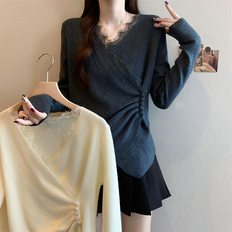 女胖大码高级收腰遮肚长袖蕾丝领针织白杏深灰内搭聚酯粘纤打底衫