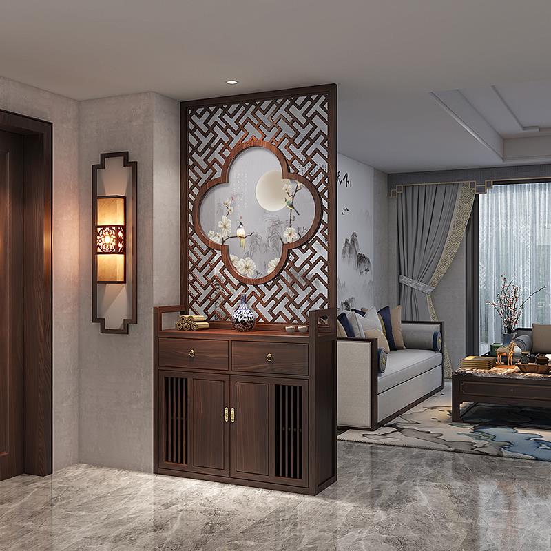 新中式实木屏风隔断客厅双面刺绣入户玄关柜子储物柜鞋柜现代简约