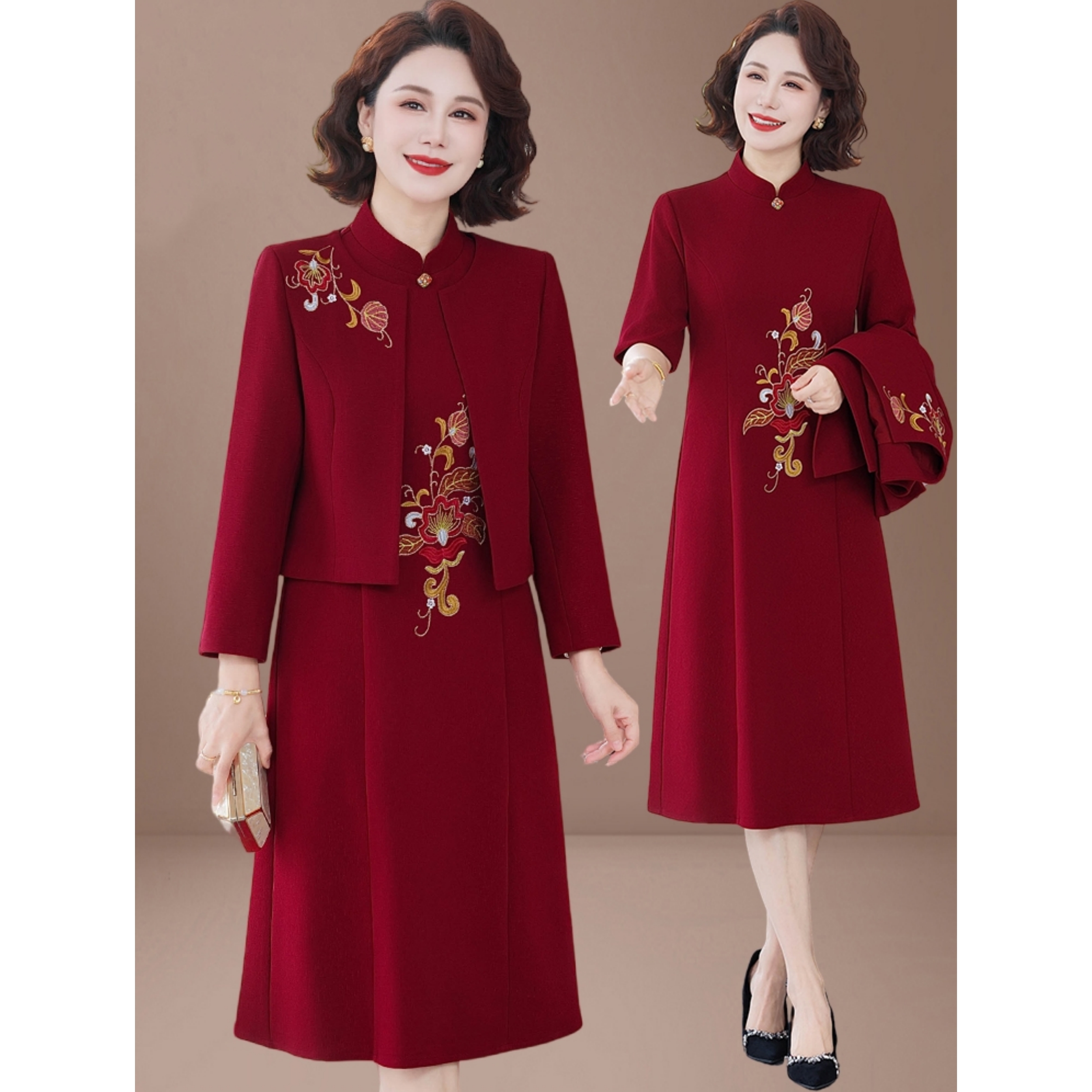 2025秋季新款妈妈装新中式婚礼裙显瘦中长款连衣裙套装外搭两件套