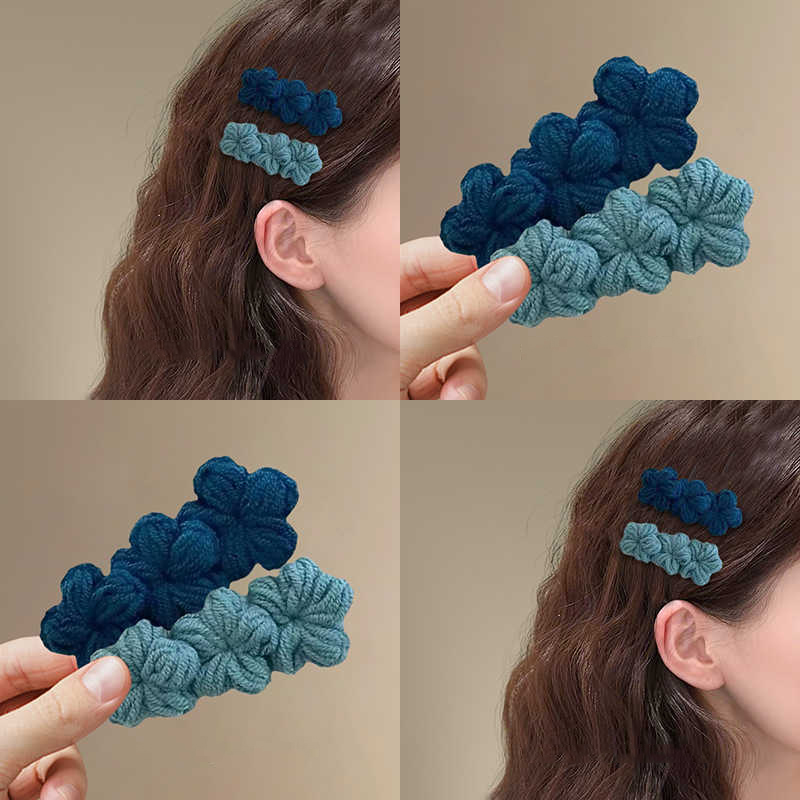 蓝色小香风花朵蝴蝶结发夹女甜美针织发卡韩系发饰刘海侧边鸭嘴夹
