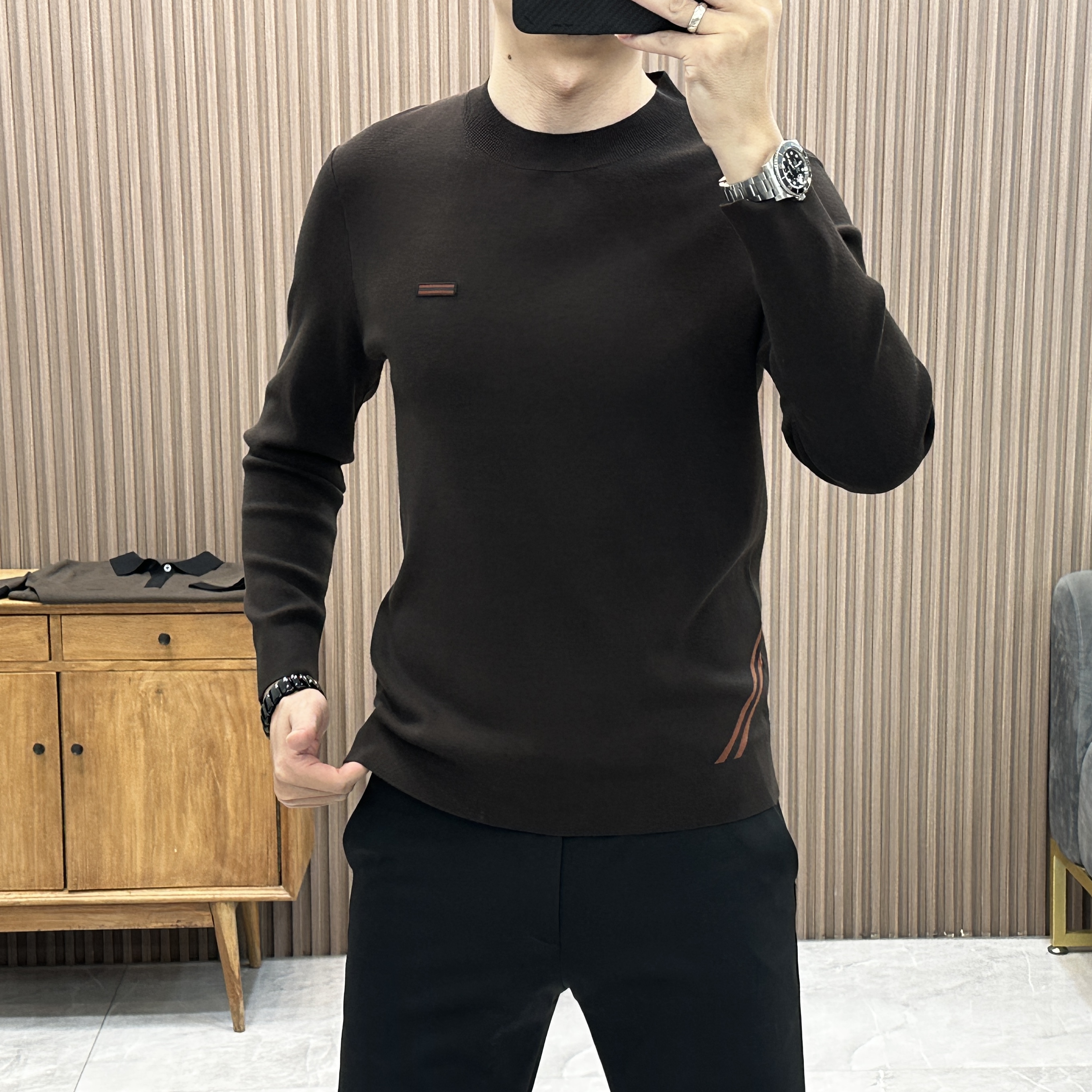 冬季新品针织秋冬撞色毛衣针织衫时尚修身圆领针织衫7716