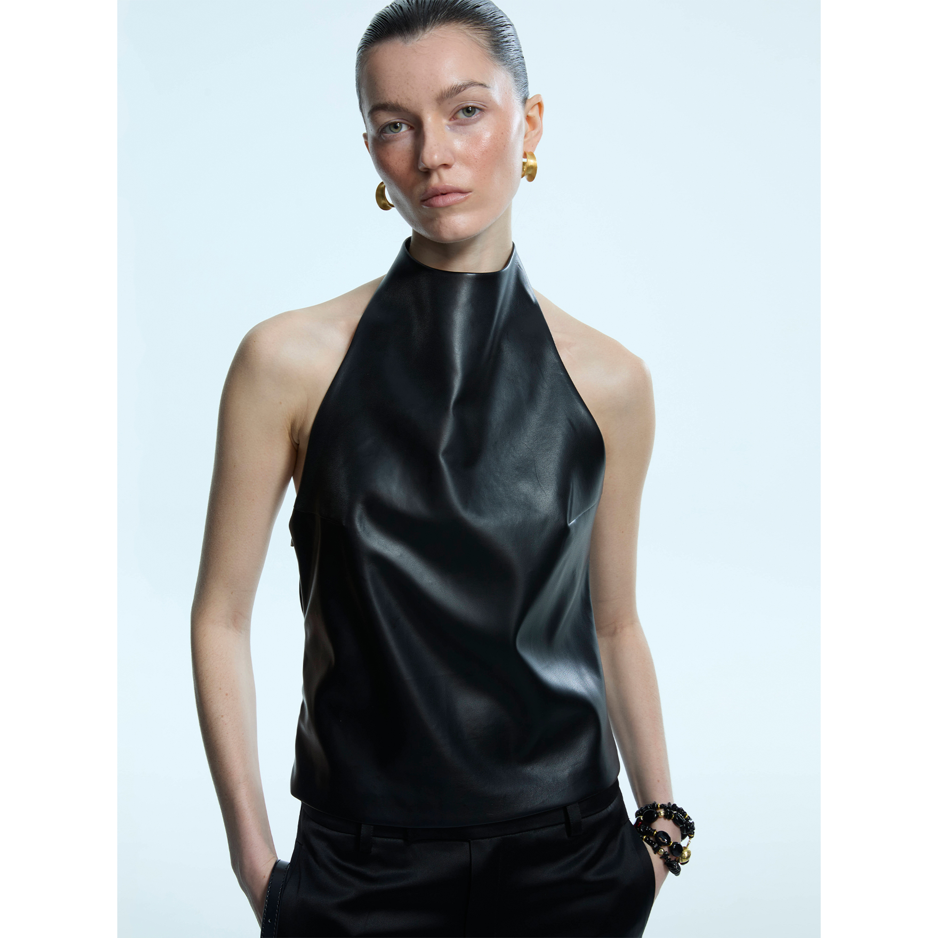 SIP CLASS设计师品牌黑色露肩挂脖皮背心女夏季气质短款露背上衣