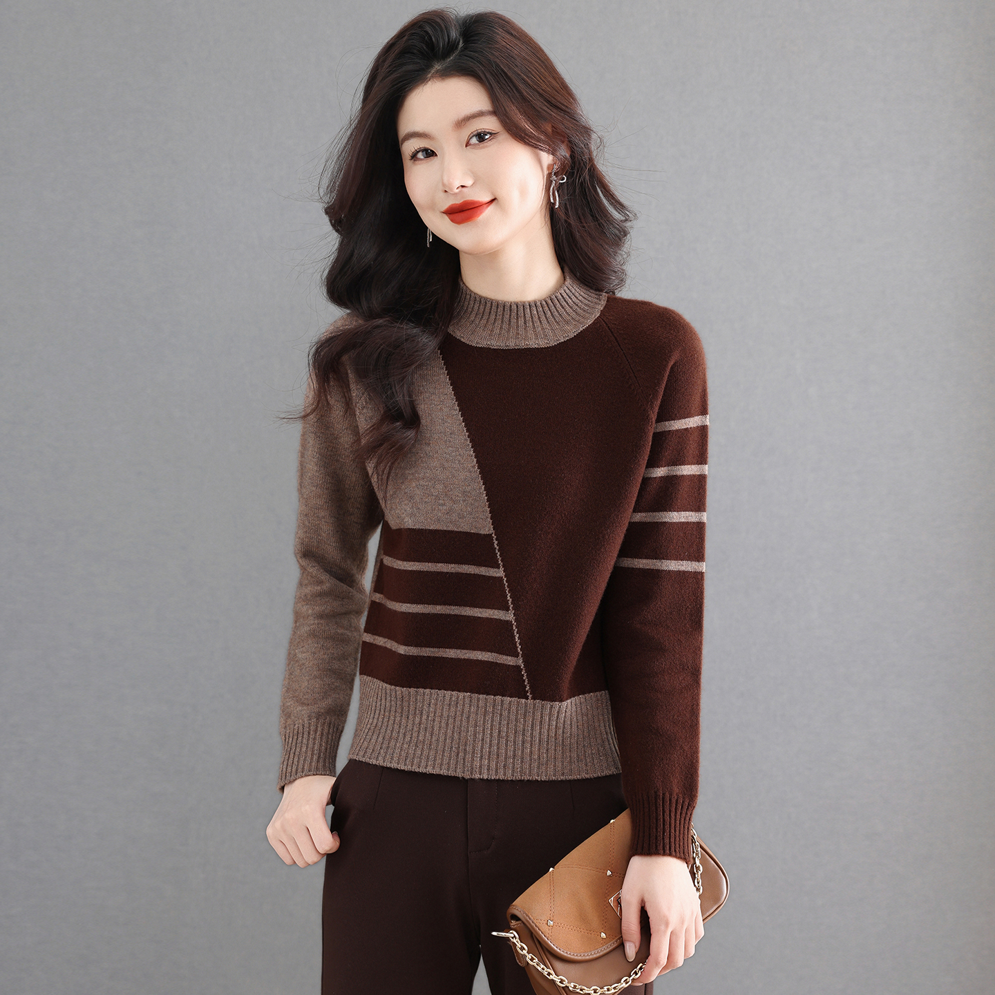 半高领短款毛衣女秋冬2025新款小个子高腰撞色条纹上衣内搭打底衫