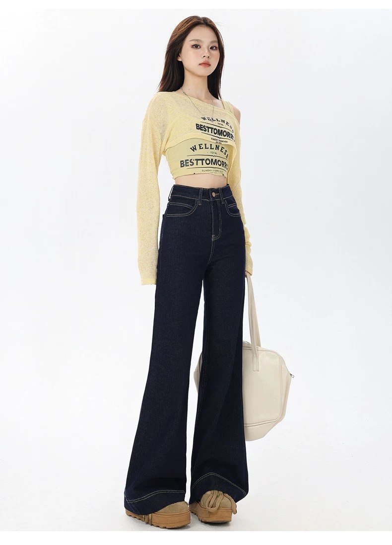 【现货现发L]丹宁蓝阔腿牛仔裤女高腰不贴腿小个子喇叭裤弹力裤子