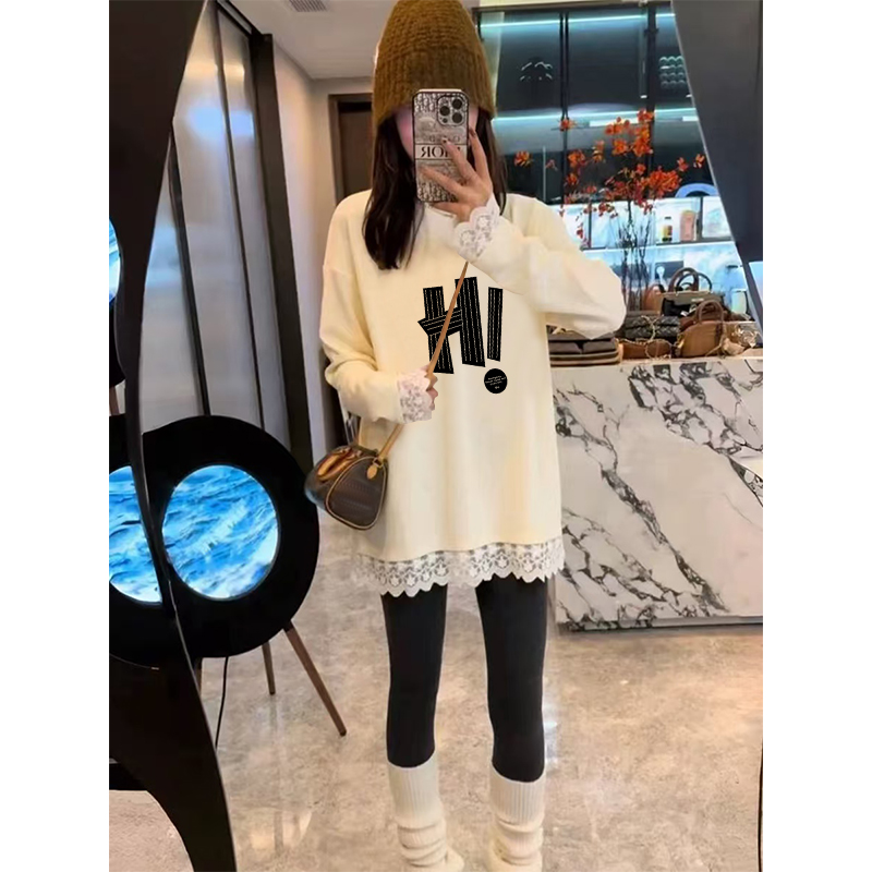 中长款拼接蕾丝德绒磨毛T恤女秋冬减龄显瘦内搭遮屁股打底衫上衣