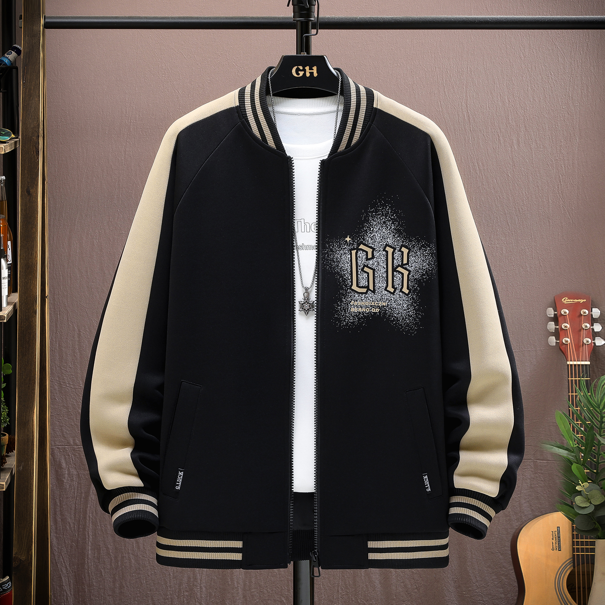 罗纹下摆常规款棒球领插肩袖夹克休闲时尚男装春秋季