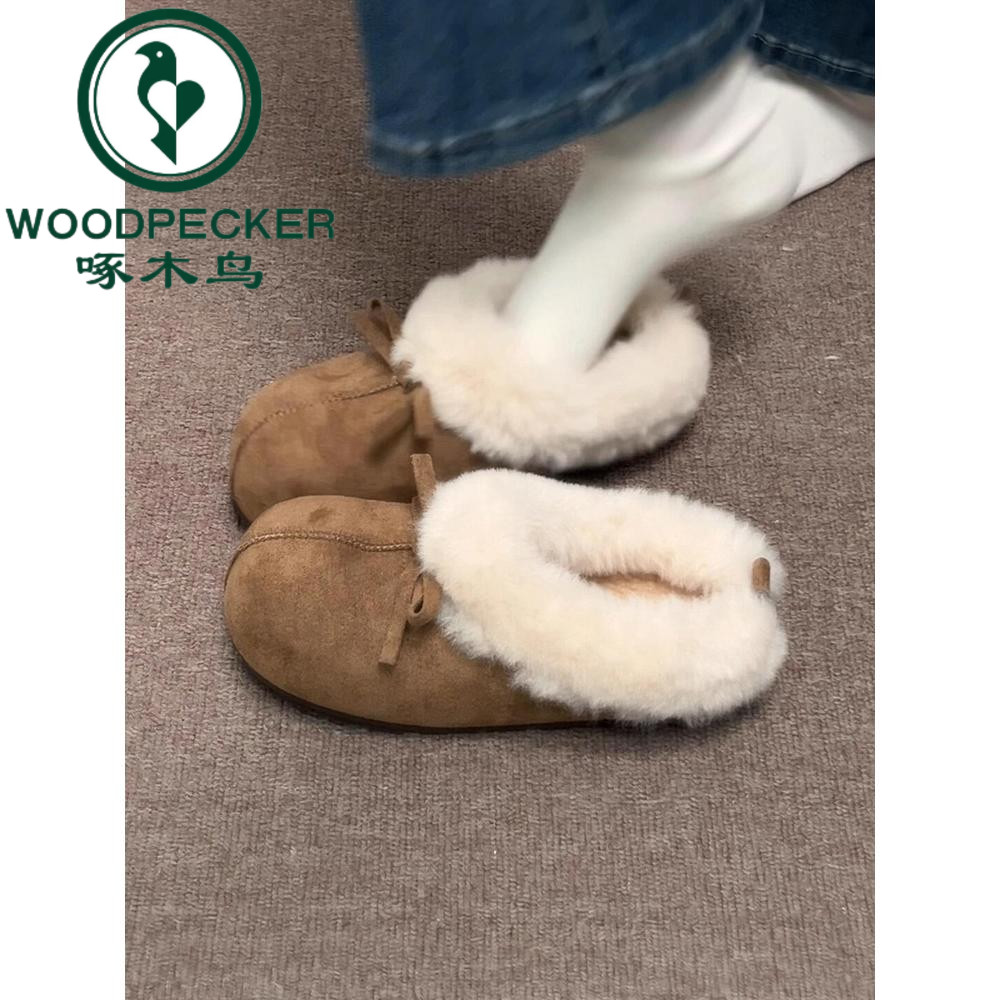 啄木鸟复古厚底加绒半拖勃肯鞋女2025新款冬保暖外穿防滑毛毛棉拖