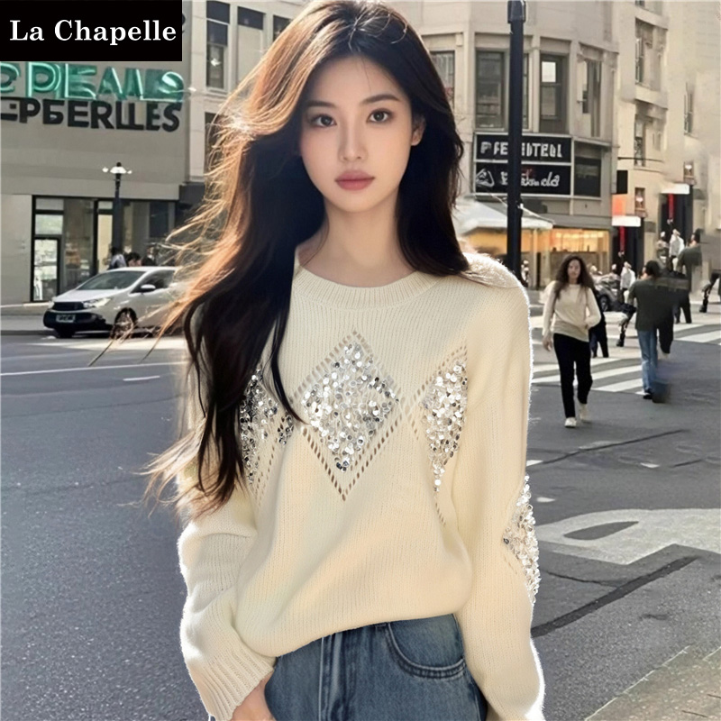 拉夏贝尔时尚百搭慵懒风亮片宽松套头上衣秋冬高级感针织衫毛衣女