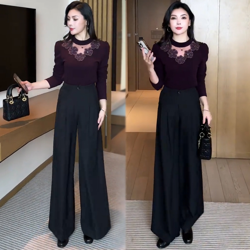 秋冬季新款洋气减龄长袖T恤休闲时尚小众打底上衣高腰阔腿裤套装