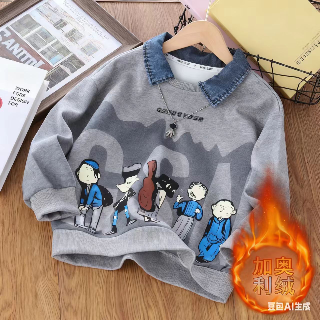 男童加绒外穿牛仔领印花卫衣2025儿童秋冬季痞帅加绒上衣大童帅气