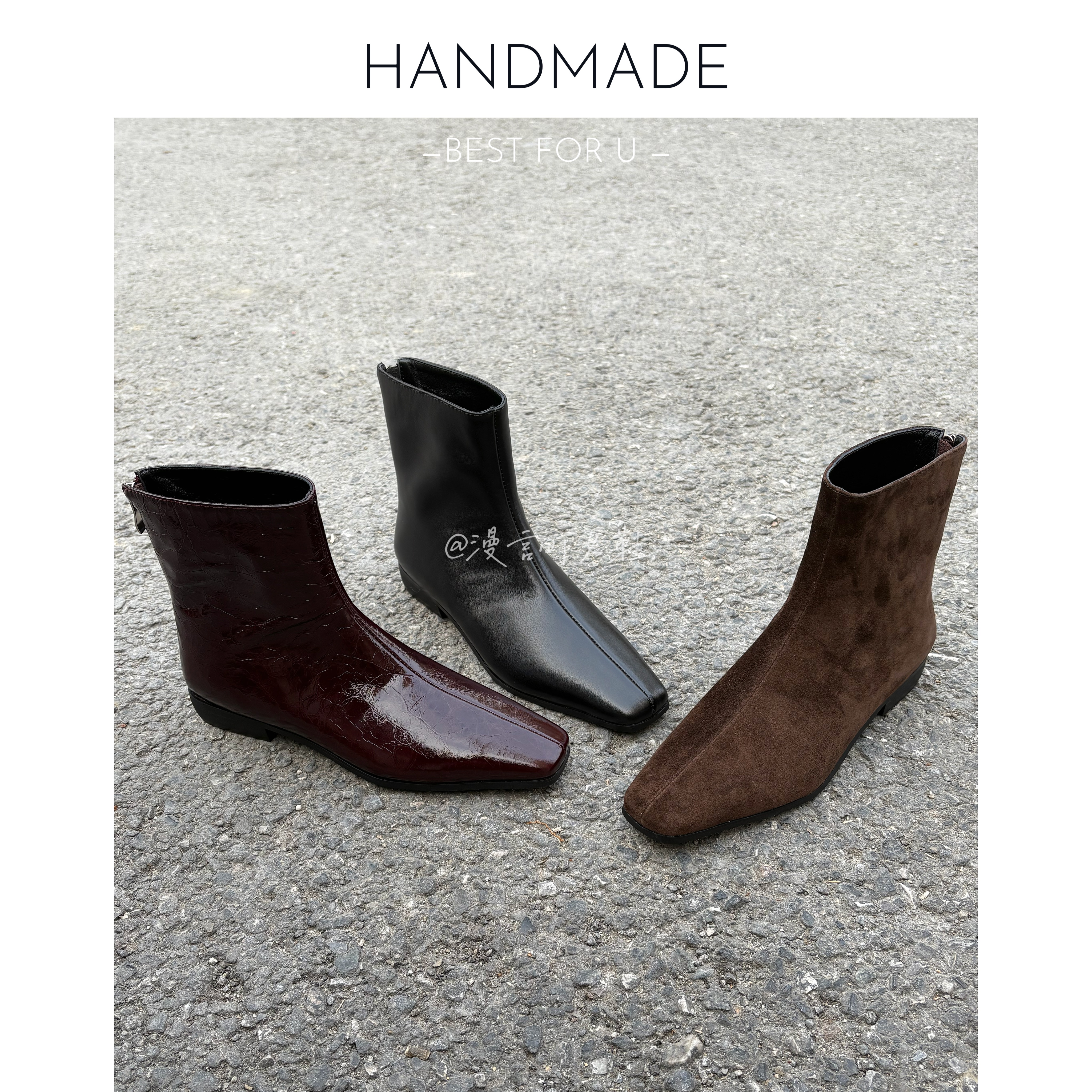 漫言町3cm头层牛皮方头法式平底短靴极简风大牌后拉链百搭瘦瘦靴