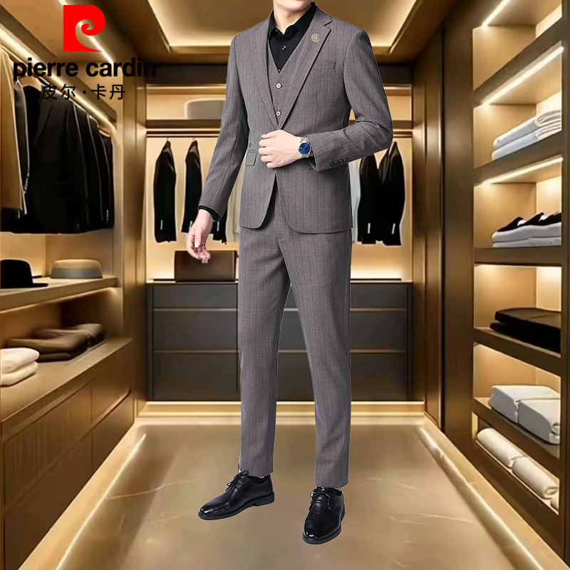 皮尔卡丹休闲修身三件套装男商务西服高档春秋款男士轻奢结婚礼服