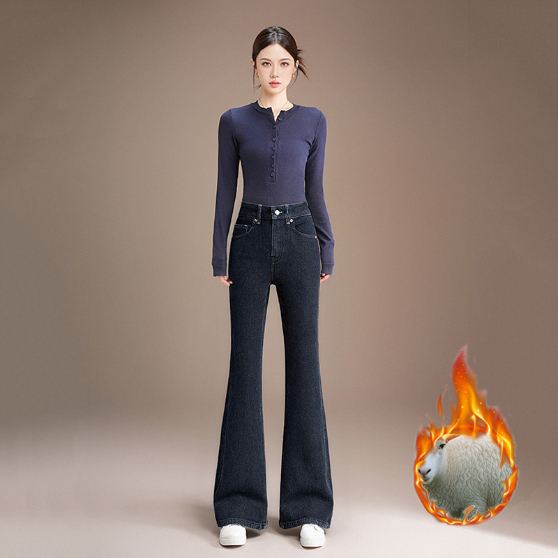 悉妍加绒牛仔裤女喇叭裤山羊绒显瘦高级百搭高腰保暖九分裤9982