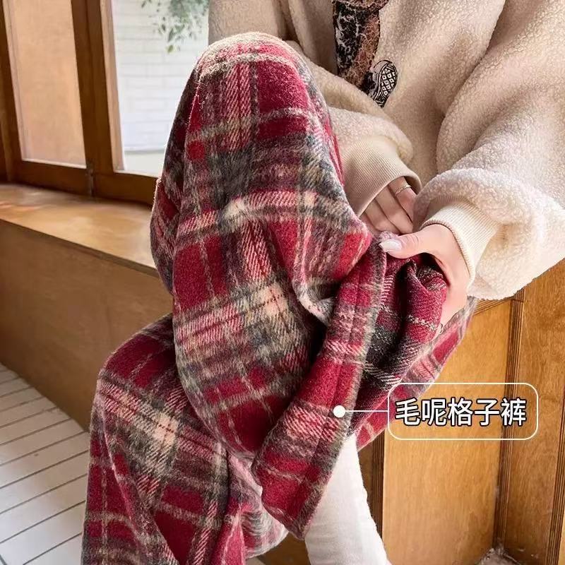 1925~冬季新款加绒加厚复古毛呢格子裤