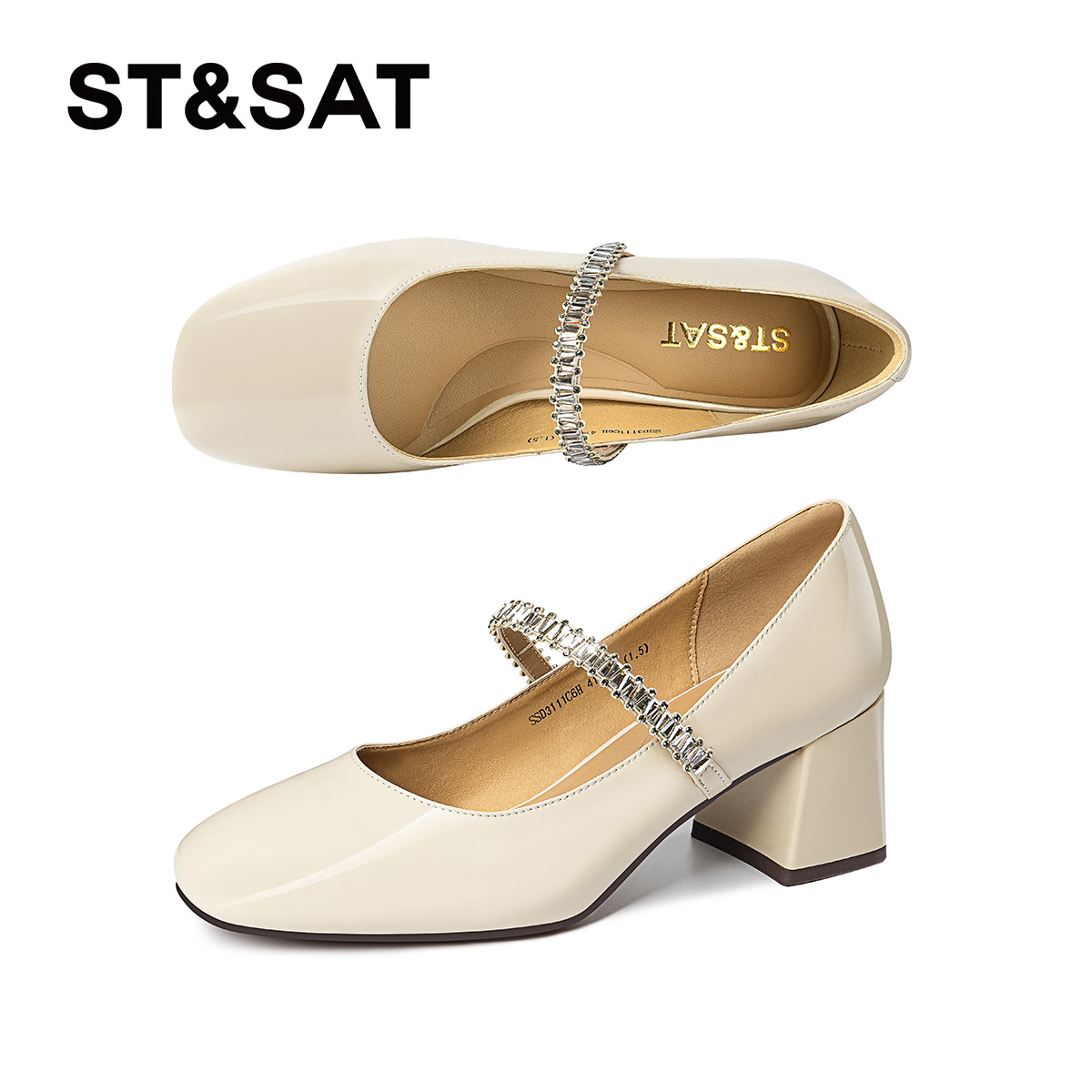 St&Sat/星期六一字式扣带纯色方头浅口单鞋搭扣粗跟法式玛丽珍鞋