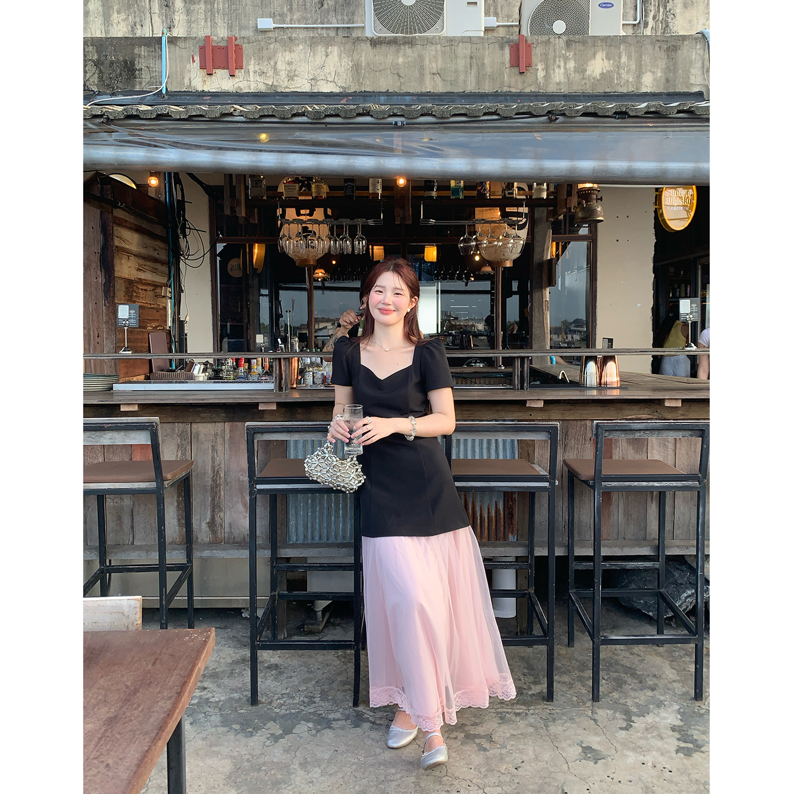 火火火【粉雾云纱】韩系气质方v领拼接网纱连衣裙L35635HH52