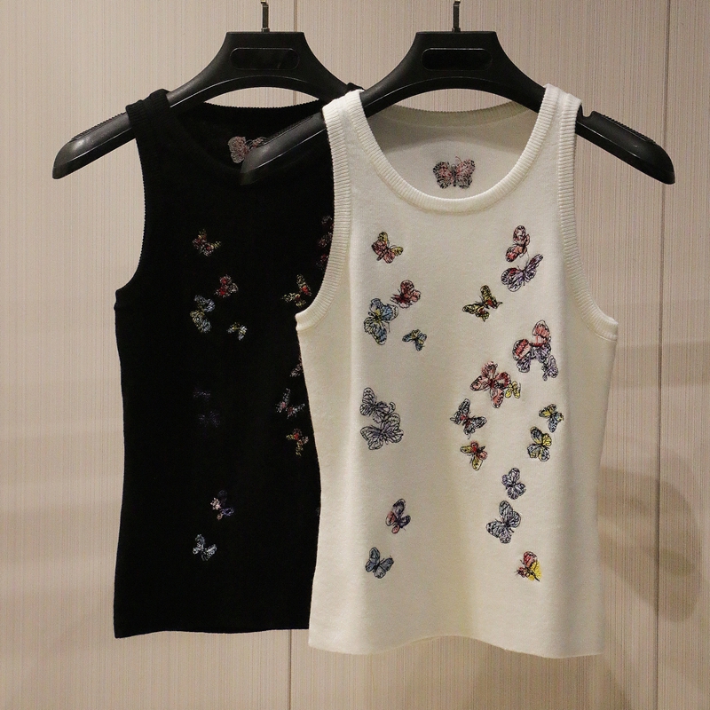 2025夏季新款彩色蝴蝶刺绣圆领背心针织衫上衣百搭修身无袖背心女