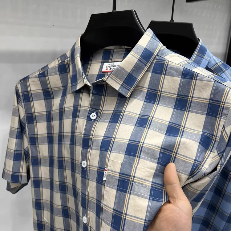 in cotton sea经典格子短袖衬衫男士夏季新款真口袋休闲百搭衬衣