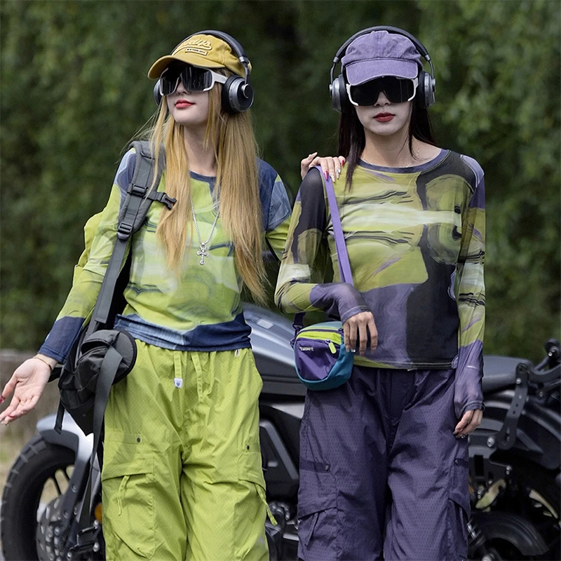 巨好看设计感晕染防晒罩衫女早秋季新款外穿长袖t恤酷辣chic上衣