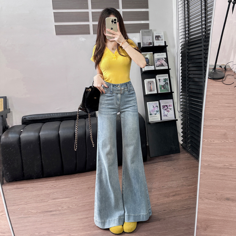 浅蓝色高腰微喇牛仔裤女2025秋季新款显瘦弹力垂感小个子喇叭裤