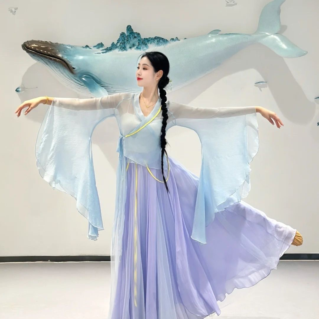 暮山紫小影儿同款蓝中带紫小兰花星月落外层720度舞蹈长裙舒适潮