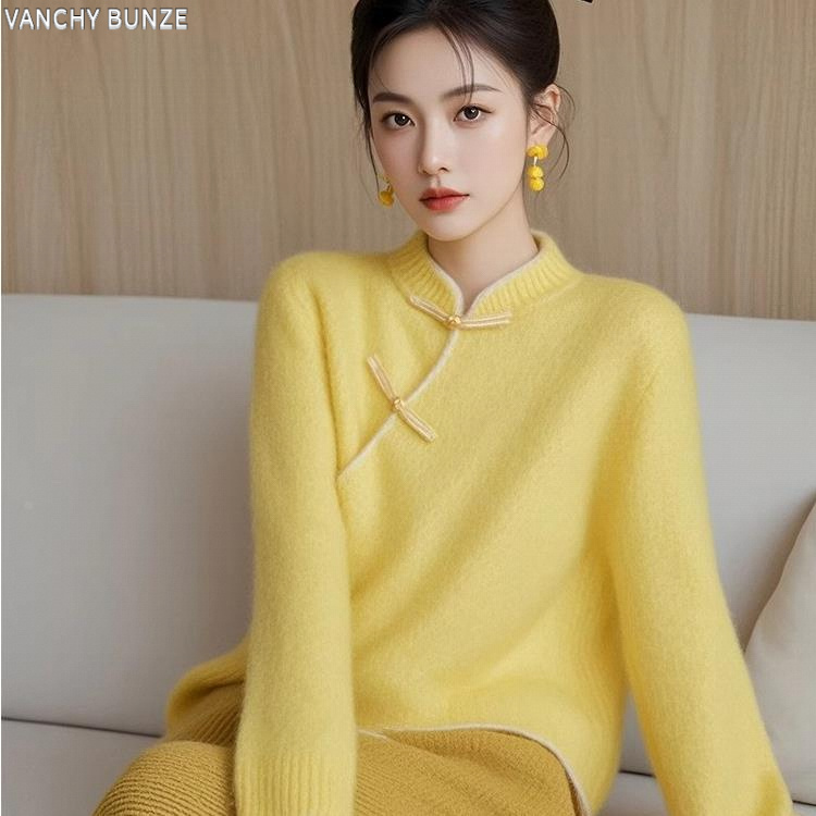 BUNZE超好看黄色毛衣女款2025新款冬季新中式国风盘扣针织衫长袖