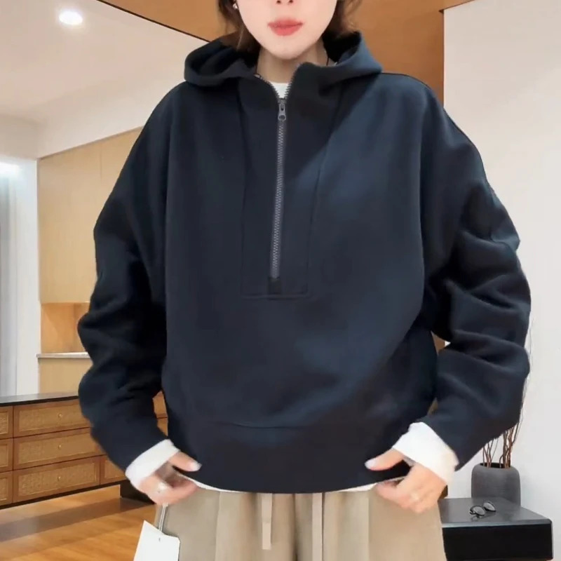 欧货时尚半拉链连帽卫衣女春秋款小个子休闲宽松时尚百搭套头上衣