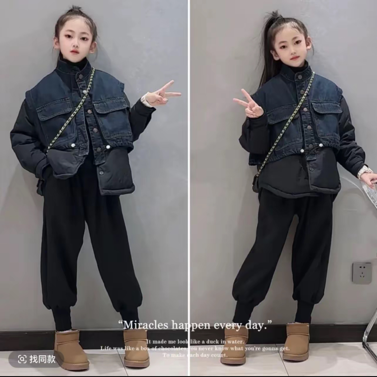 牛仔拼接假两件棉服女童冬季2025新款设计感棉衣棉袄显瘦加厚套装