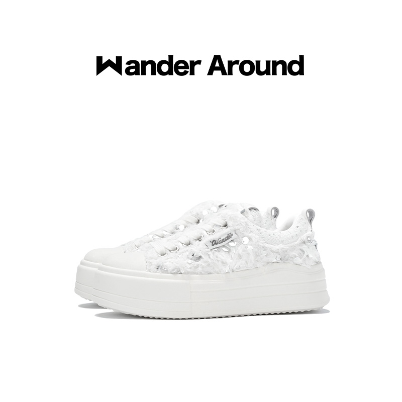 WANDER AROUND新款白色羽毛厚底帆布鞋低帮时尚百搭休闲系带鞋子