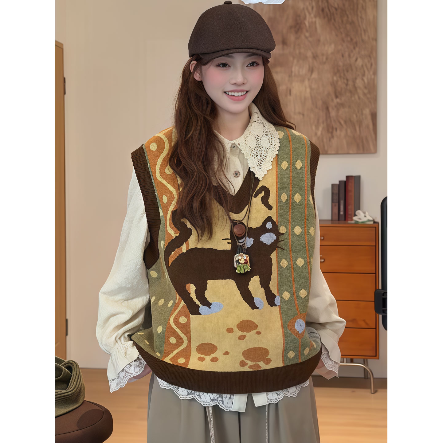 美式卡通可爱小猫图案V领针织马甲女秋冬季宽松显瘦叠穿背心上衣