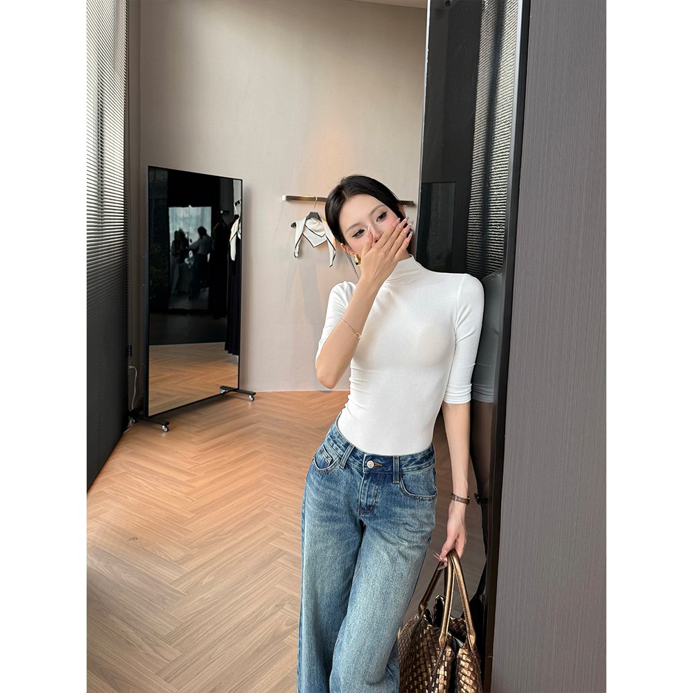 法式松弛感修身半袖T恤女秋季新款独特半高领上衣收腰显瘦打底衫
