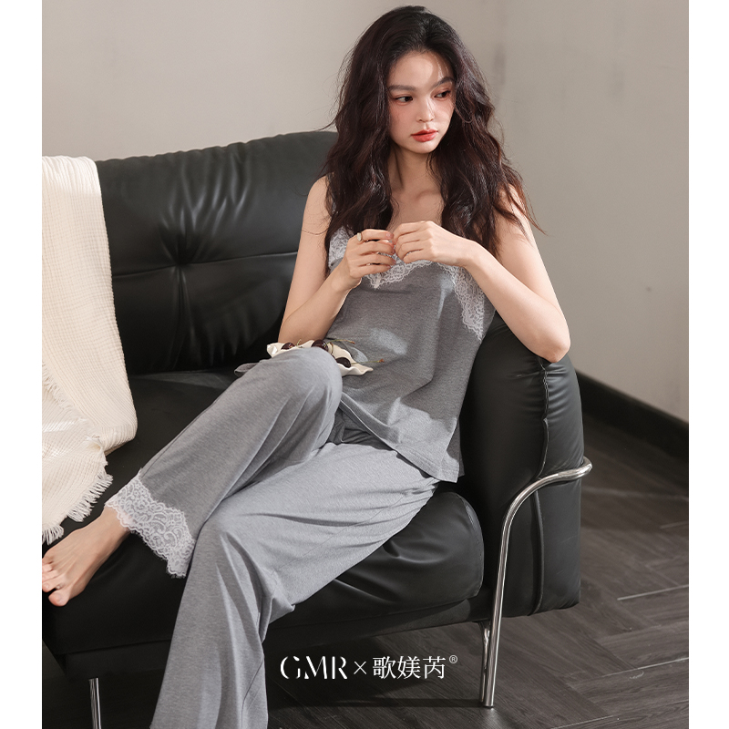 性感法式深V露背睡衣女夏薄款莫代尔棉高级感吊带长裤家居服套装