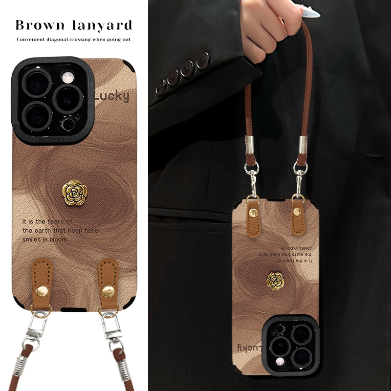 晕染山茶花适用苹果16华为vivo小米oppo瞳眼羊皮挂绳手机壳女防摔