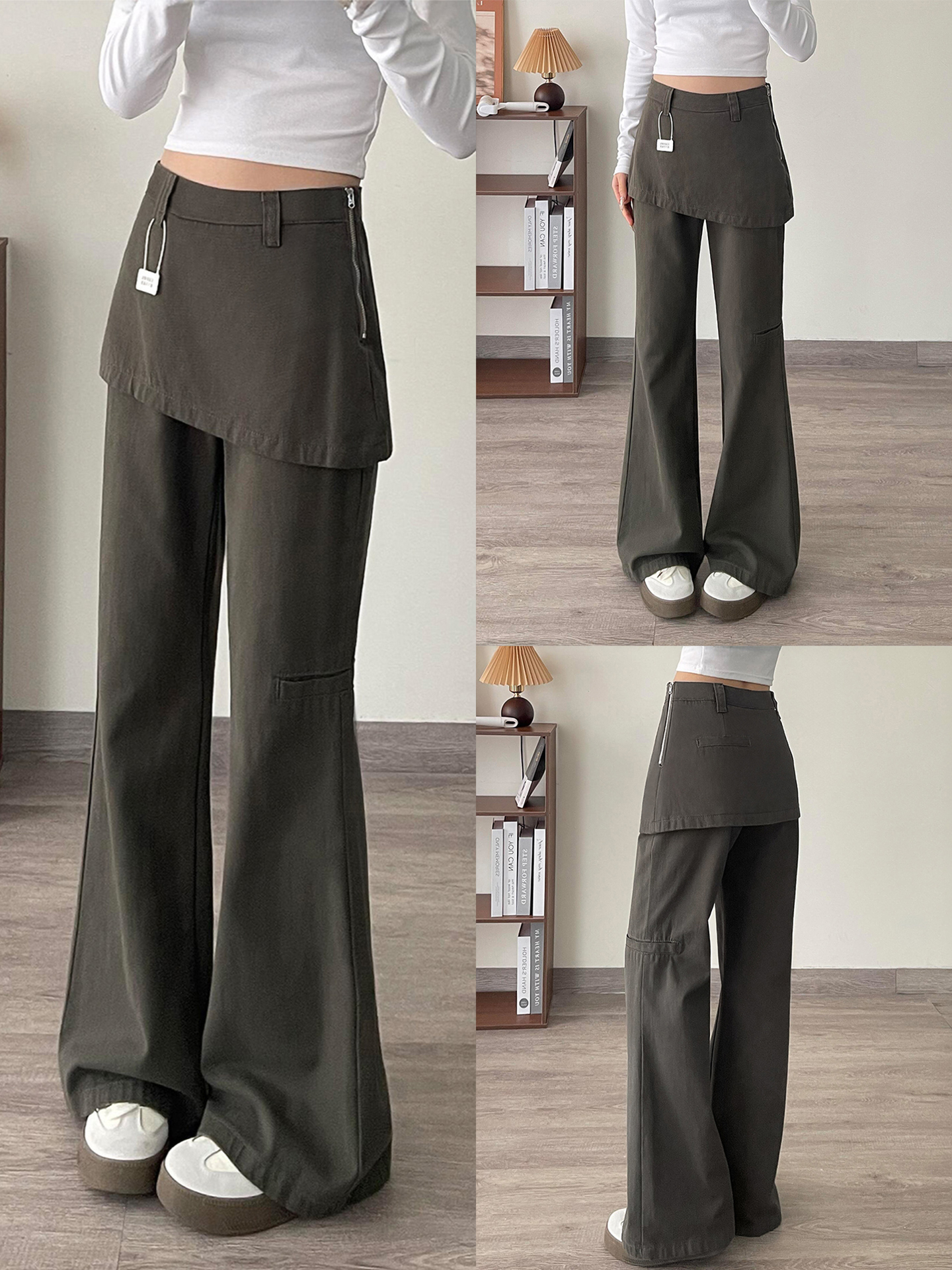 美式假两件微喇牛仔裤女2025秋冬新款胖mm高腰遮胯显瘦工装阔腿裤