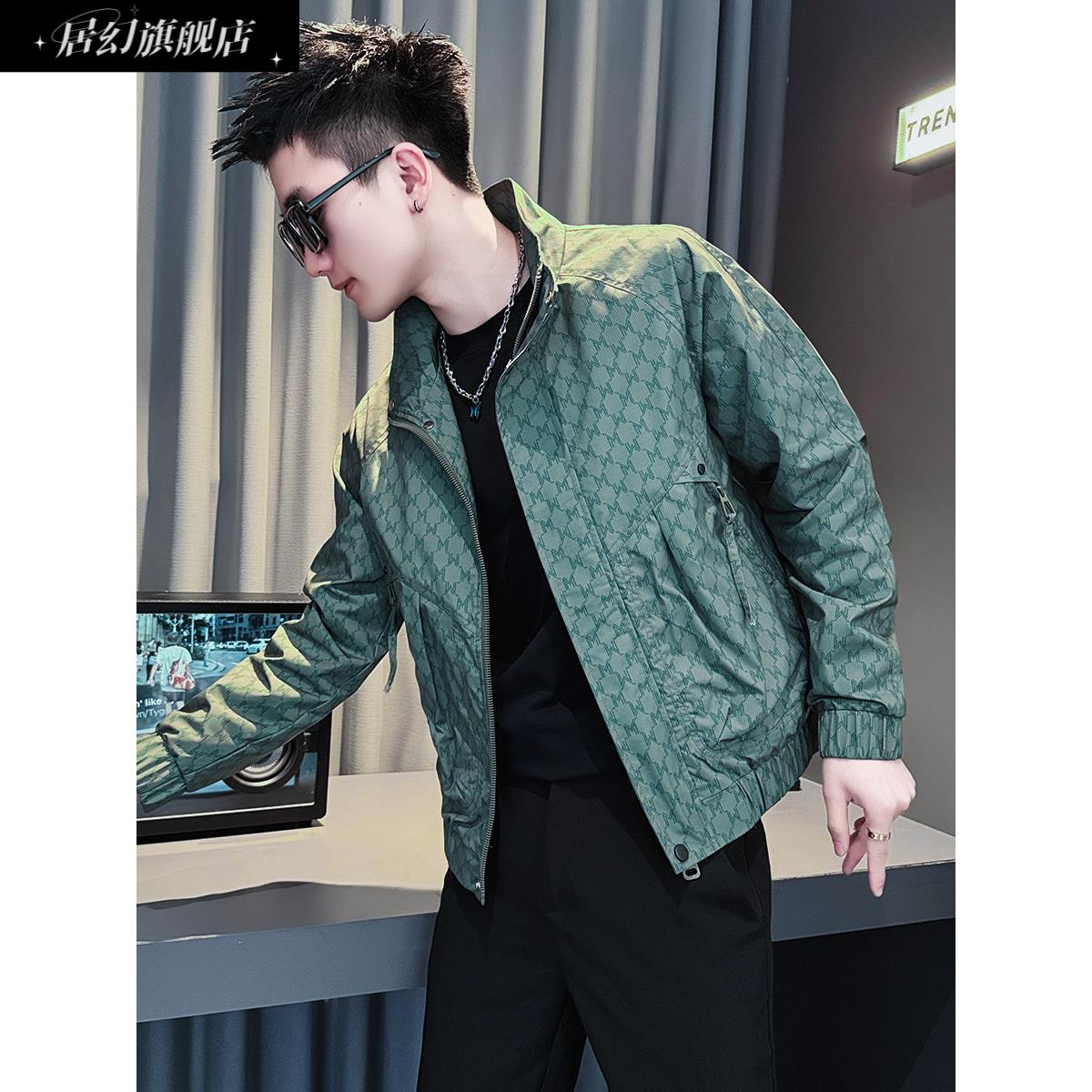 居幻高级感夹克男装修身潮流帅气印花上衣2025新款秋痞帅炸街外套