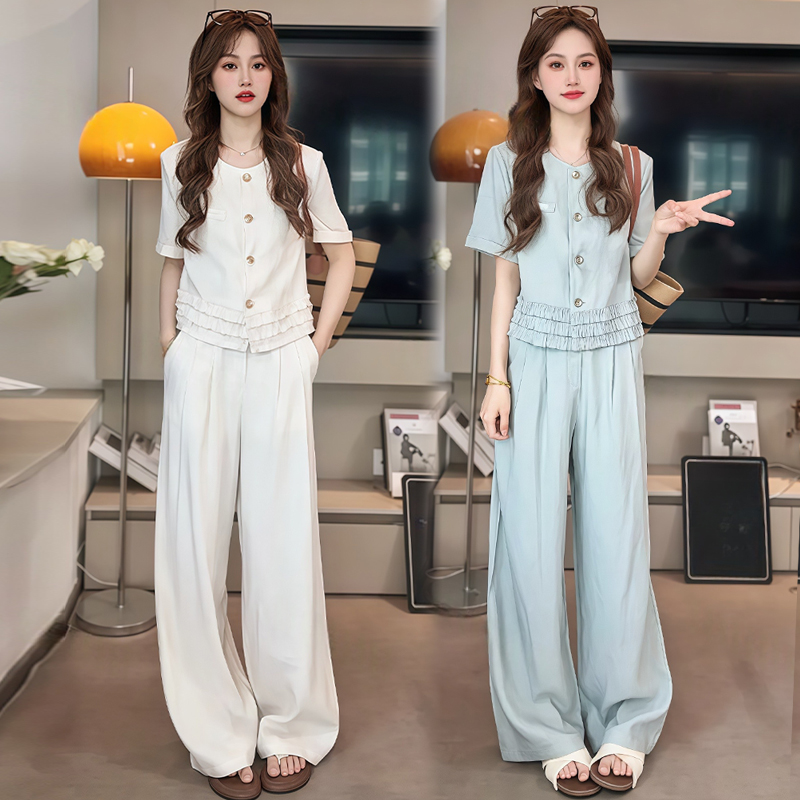 木耳边时尚短袖上衣阔腿裤套装女2025年夏季新款韩系百搭两件套潮