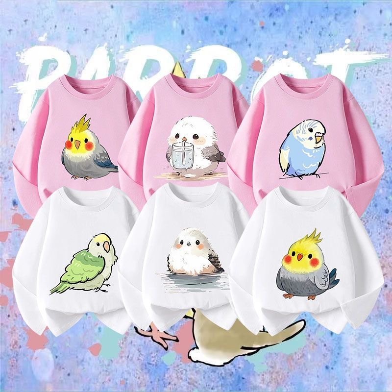 鹦鹉玄风牡丹猫咪联名可爱日系涂鸦长袖t恤衫男女儿童装学生秋季