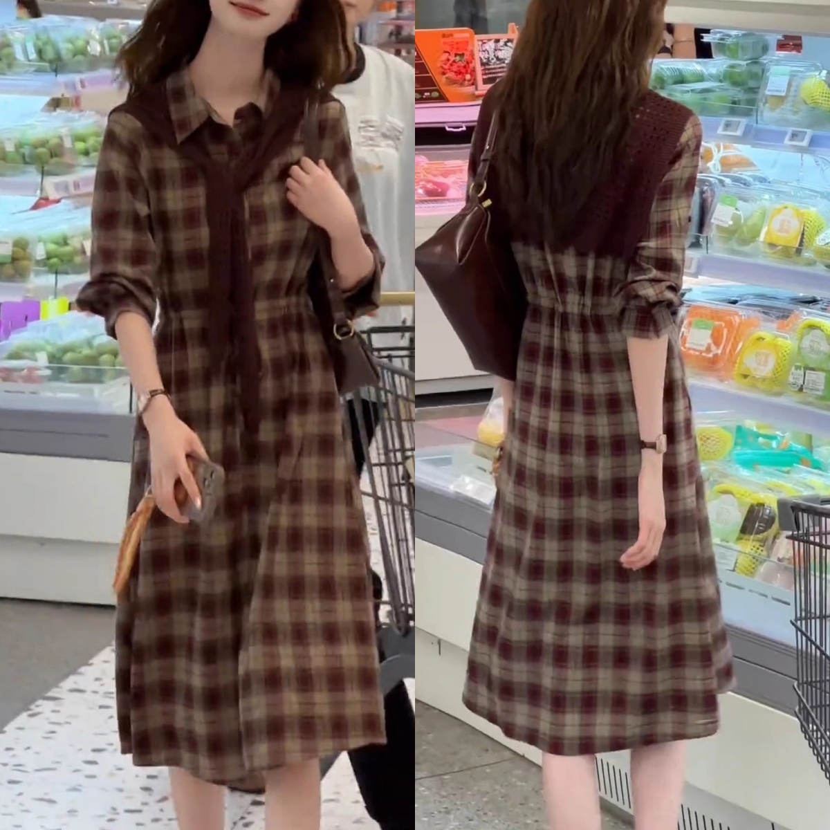 时尚法式设计感连衣裙女2026春季新款宽松显瘦百搭格纹休闲裙子