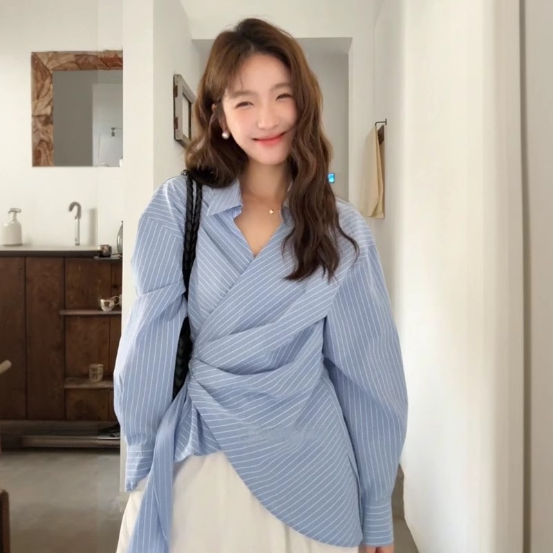 韩系气质系带收腰交叉蓝色衬衫女设计感条纹独特别致