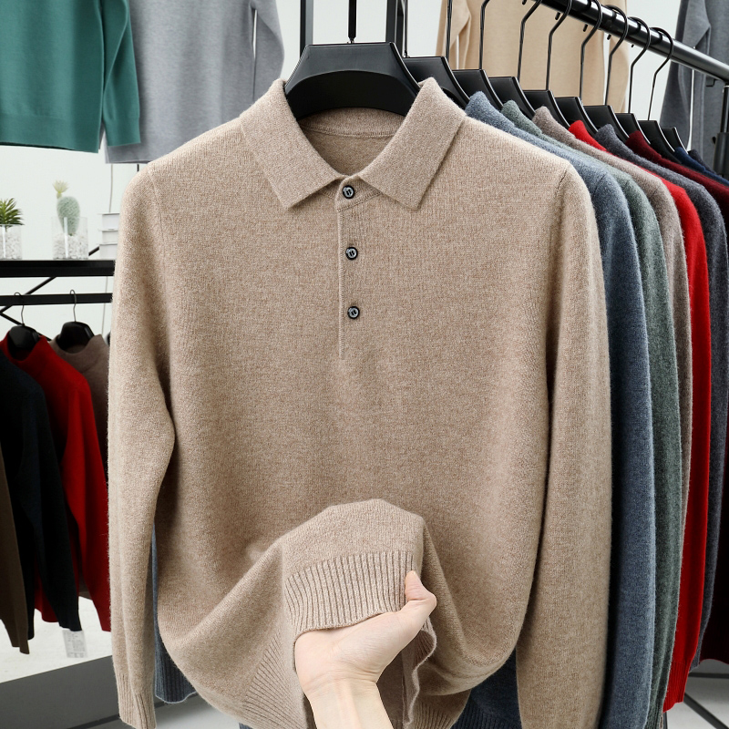 【反季清仓】100%纯羊毛衫500克重磅男士春秋纯色翻领针织单穿毛衣