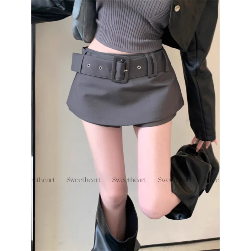 【赠腰带】灰色西装半身裙女秋季辣妹低腰显瘦a字包臀短裙裤防走光