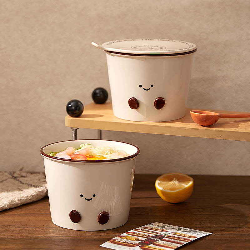卡通胖脚丫陶瓷泡面碗带盖家用釉下彩拉面碗全家桶零食水果沙拉碗