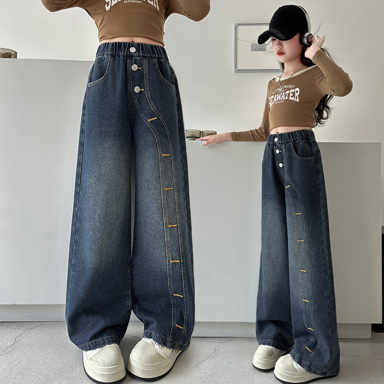 女童春秋牛仔裤女孩显瘦复古宽松秋季百搭裤子中大童韩版直筒休闲