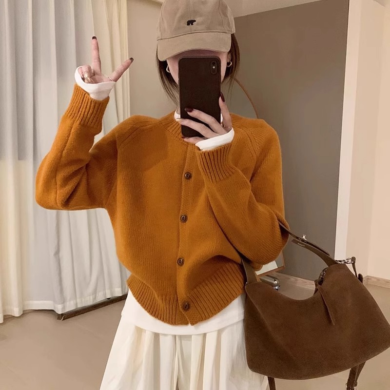 圆领针织开衫毛衣女2025春秋冬季高级感简约风穿搭短款韩版上衣