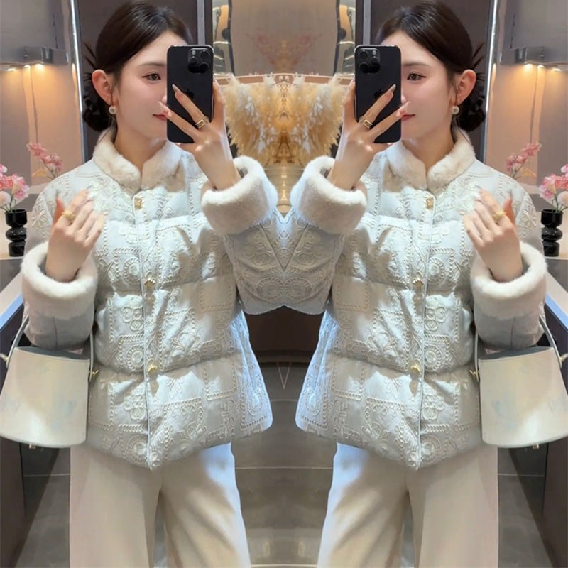 冬季网红新款新中式棉服外套女国风重工刺绣提花保暖加厚加棉上衣