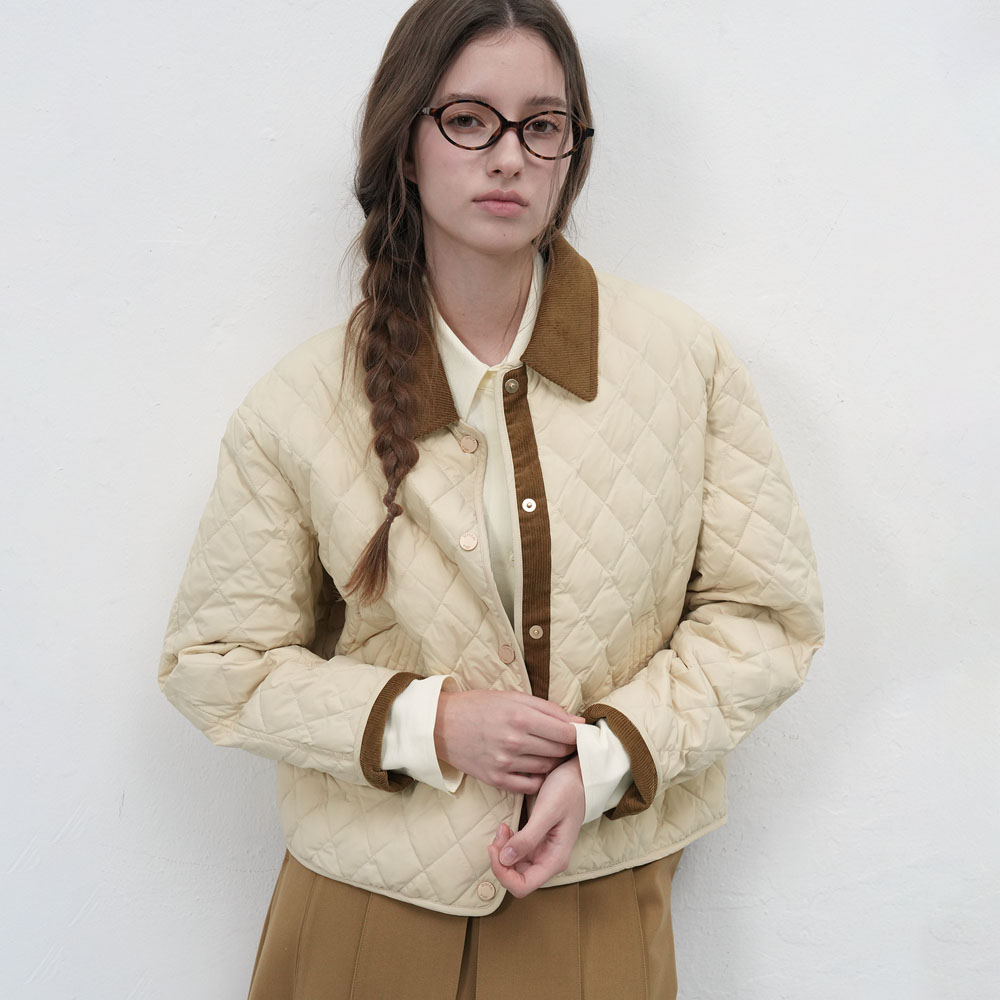 GENERAL IDEA BY BUMSUK复古米白菱格纹灯芯绒拼接夹克7517