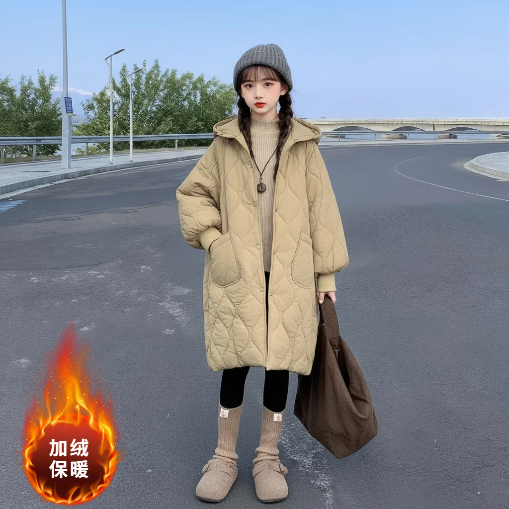 女童冬季中长款棉袄2025新款韩系中大童时尚加绒加厚保暖连帽棉服