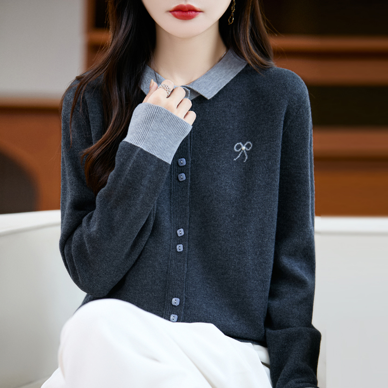 宽松女装开衫刺绣女精纺羊毛针织开衫假两件款长袖洋气秋季翻领